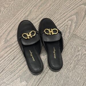 NWOT Salvatore Ferragamo Black and Gold Mules